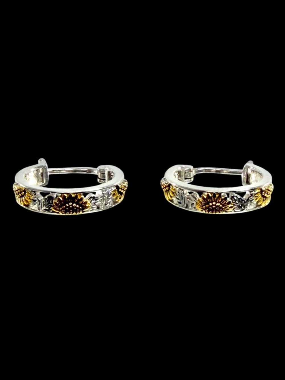 Poplyke Sterling Silver 925 Sunflower Hoop Earrings Floral Hinge Back Snap Close - Picture 3 of 10